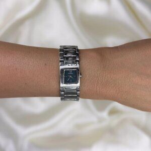 Vintage 90s Chunky Fossil Bracelet Watch with Square Navy Blue Face